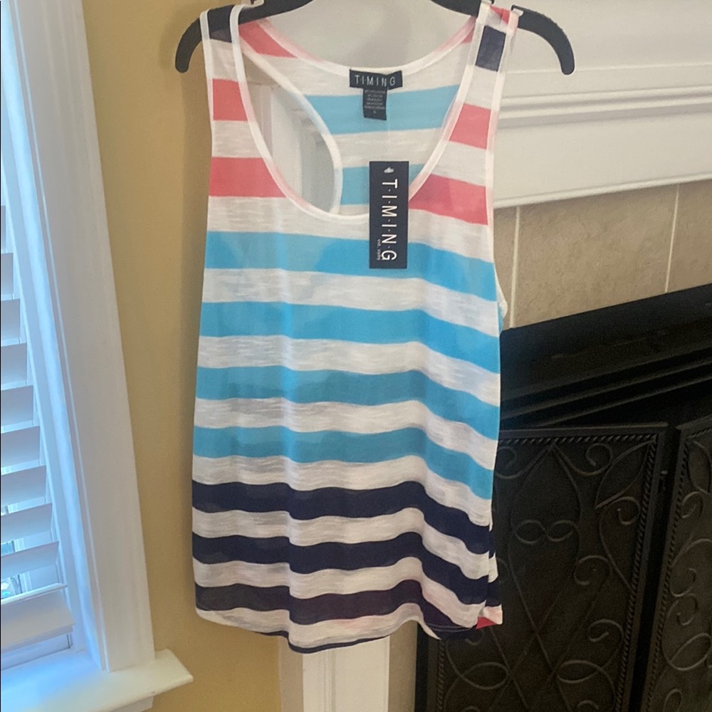 NWT Timing women's Large striped racer back tank top White, Blue, Coral